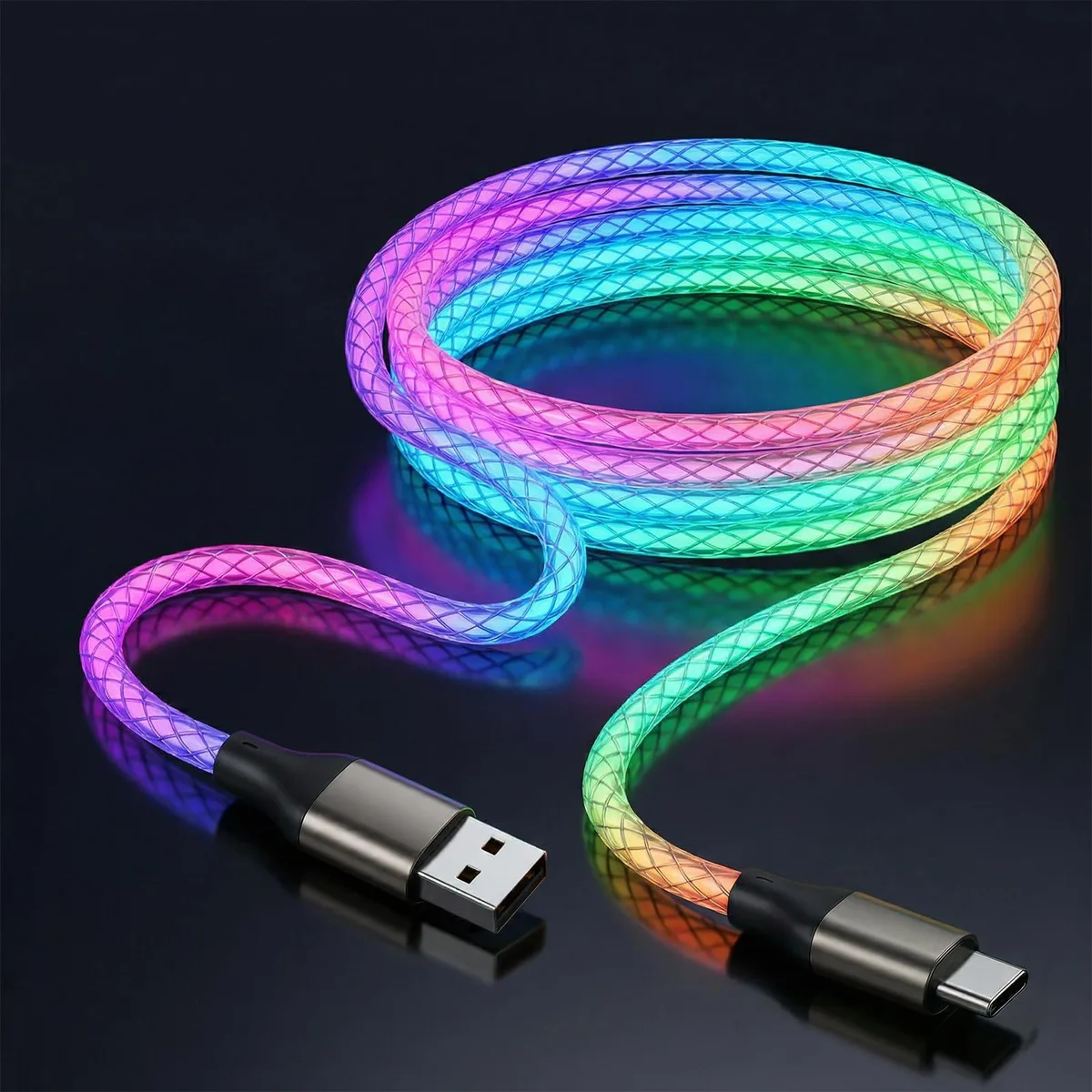 Orange USB-A to USB-C cable with RGB LED lighting, 3 ft