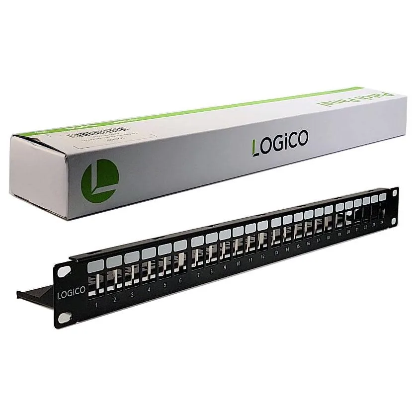 Silver 1U rackmount blank patch panel with 24 ports and horizontal cable management bar