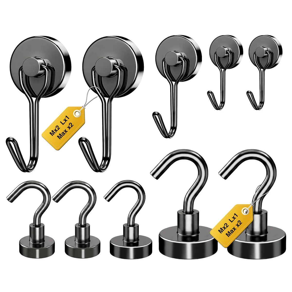 Ten black magnetic hooks in three sizes with swivel and fixed attachments
