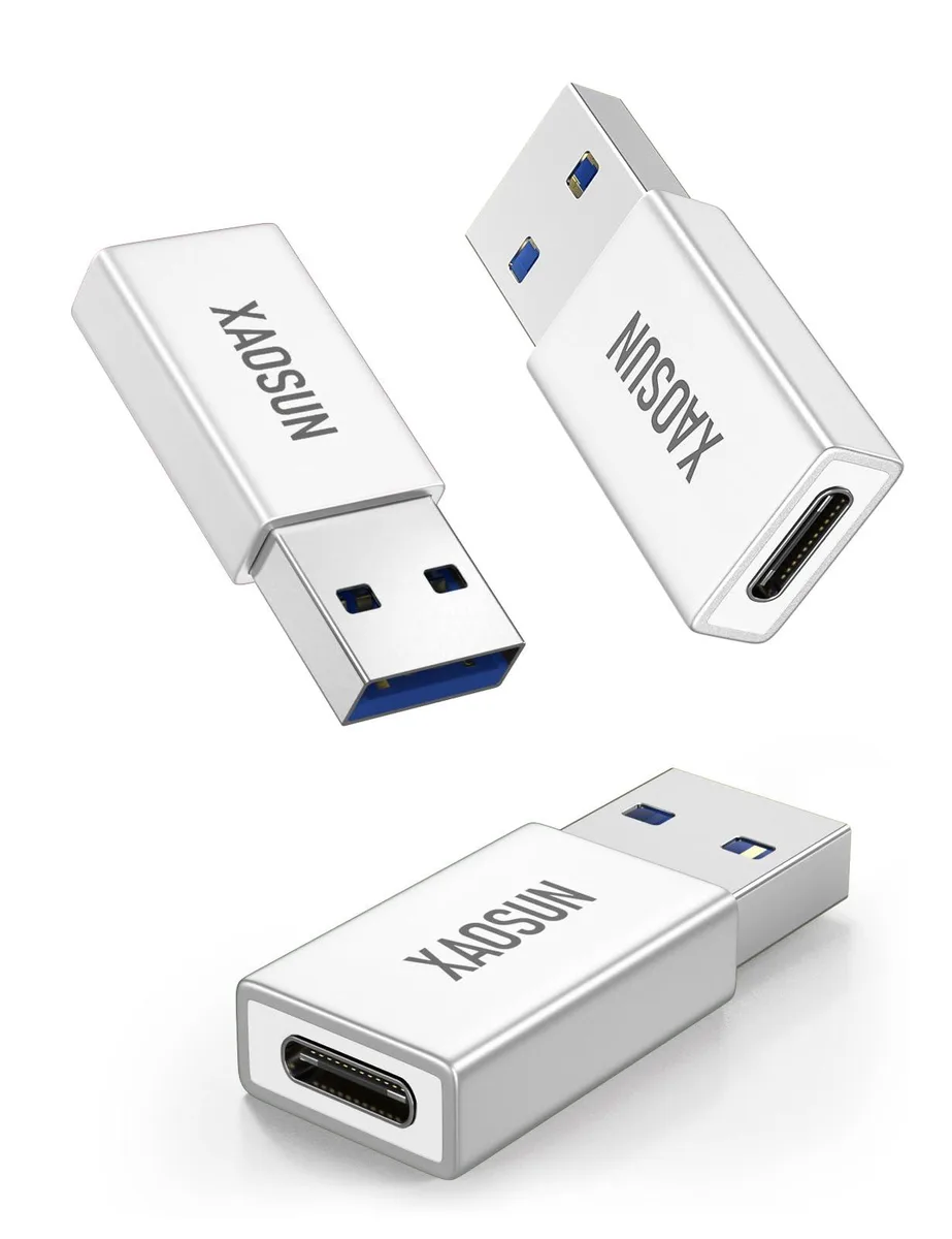 Three silver USB-A to USB-C adapters with matte finish