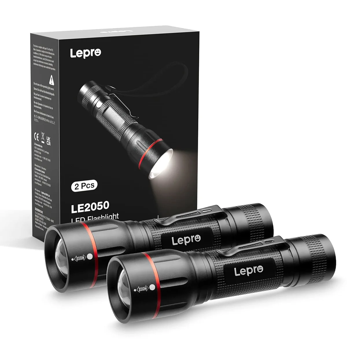 Two compact black aluminium flashlights with clips and textured grips