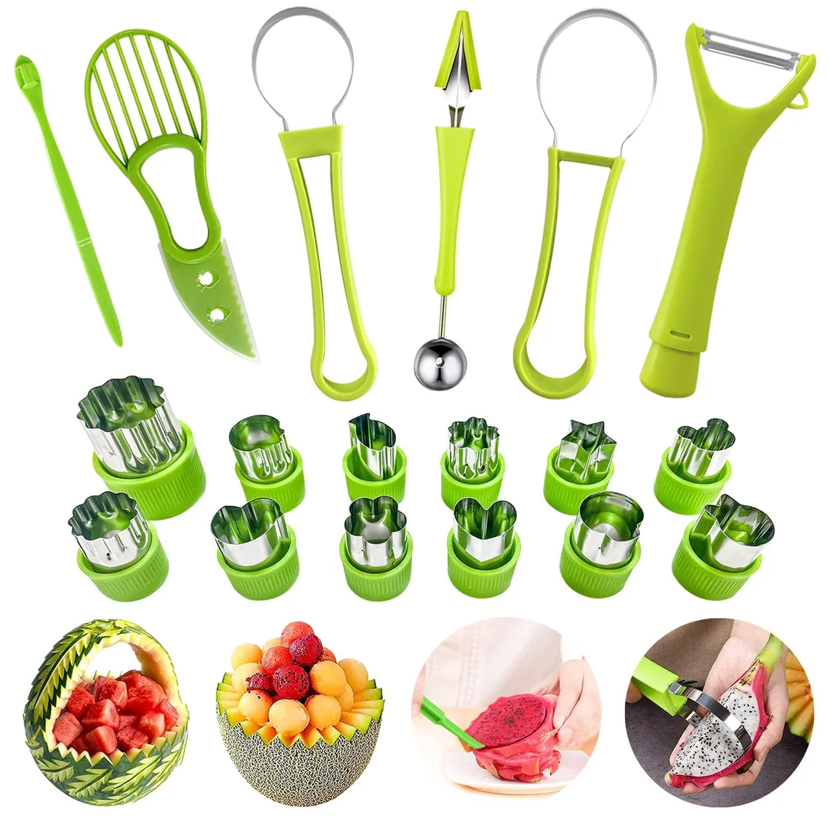 Green 18-piece fruit tool set with stainless steel scoops, peelers, slicers and cookie cutters nested together