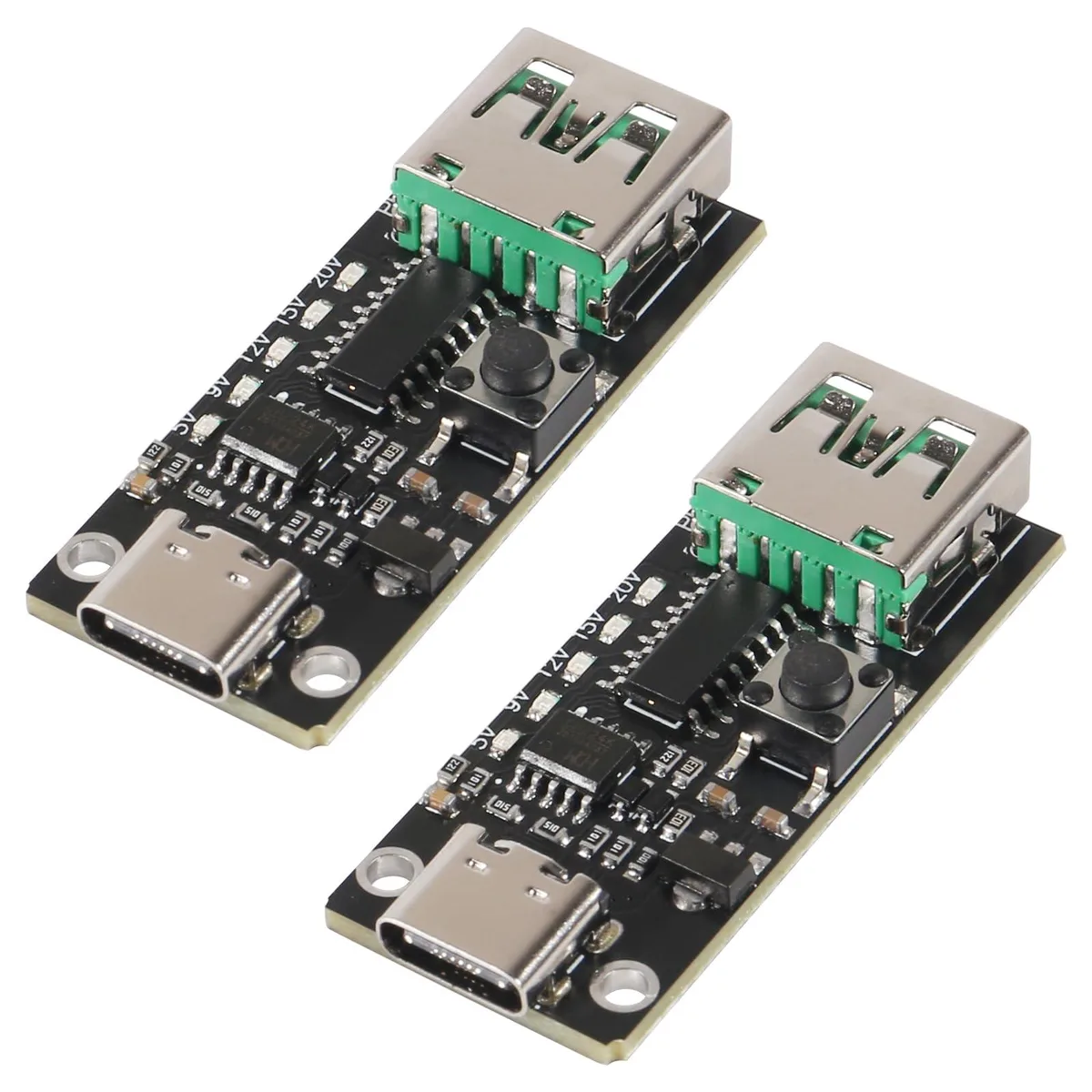 Two small green circuit boards with USB-C ports and buttons
