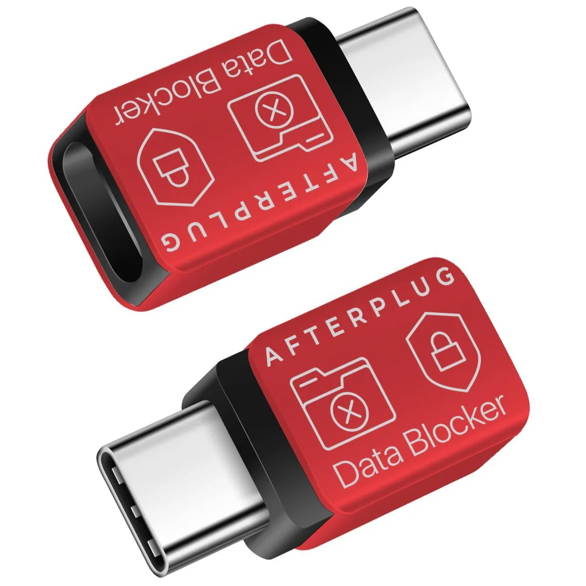 Tiny red USB-C data blocker, metal case, 0.9 by 0.44 by 0.24 inches