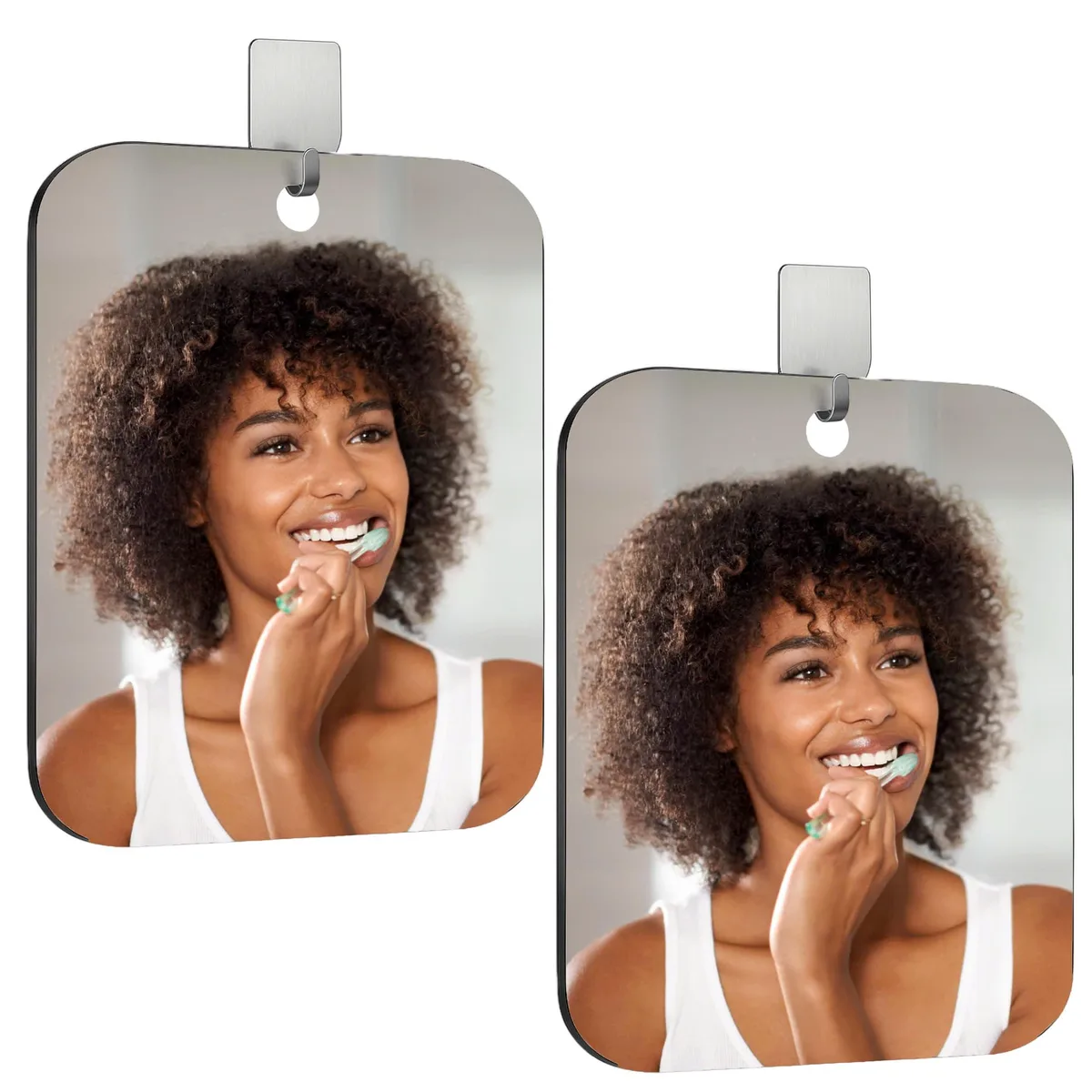 Silver frameless shower mirror, 9.4 by 7.9 inches, with adhesive hook
