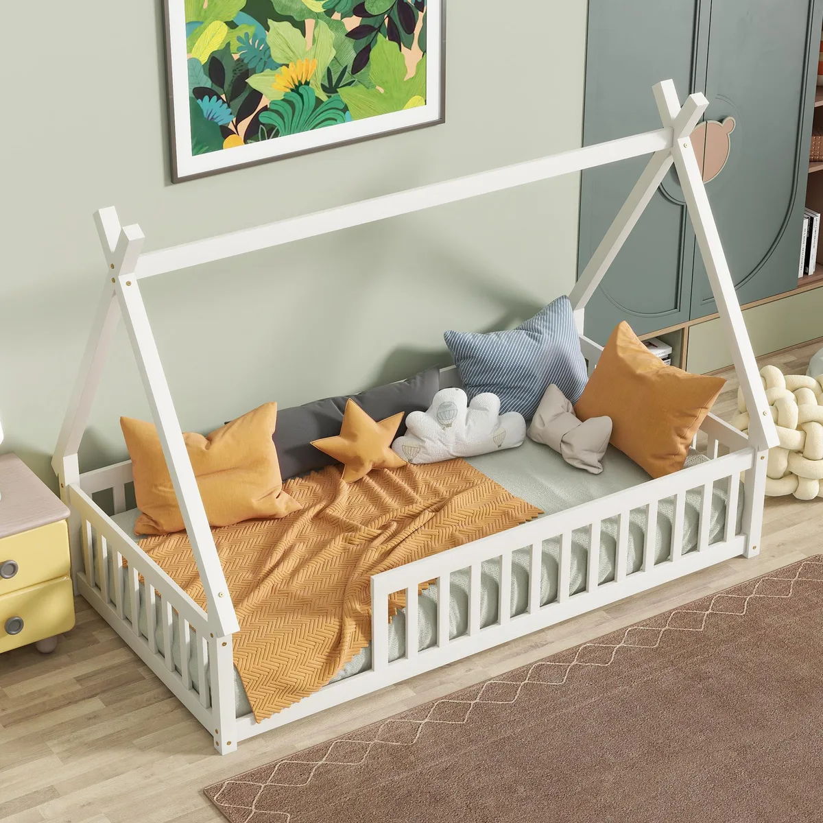 White wooden twin floor bed with tent-shaped frame and guardrails
