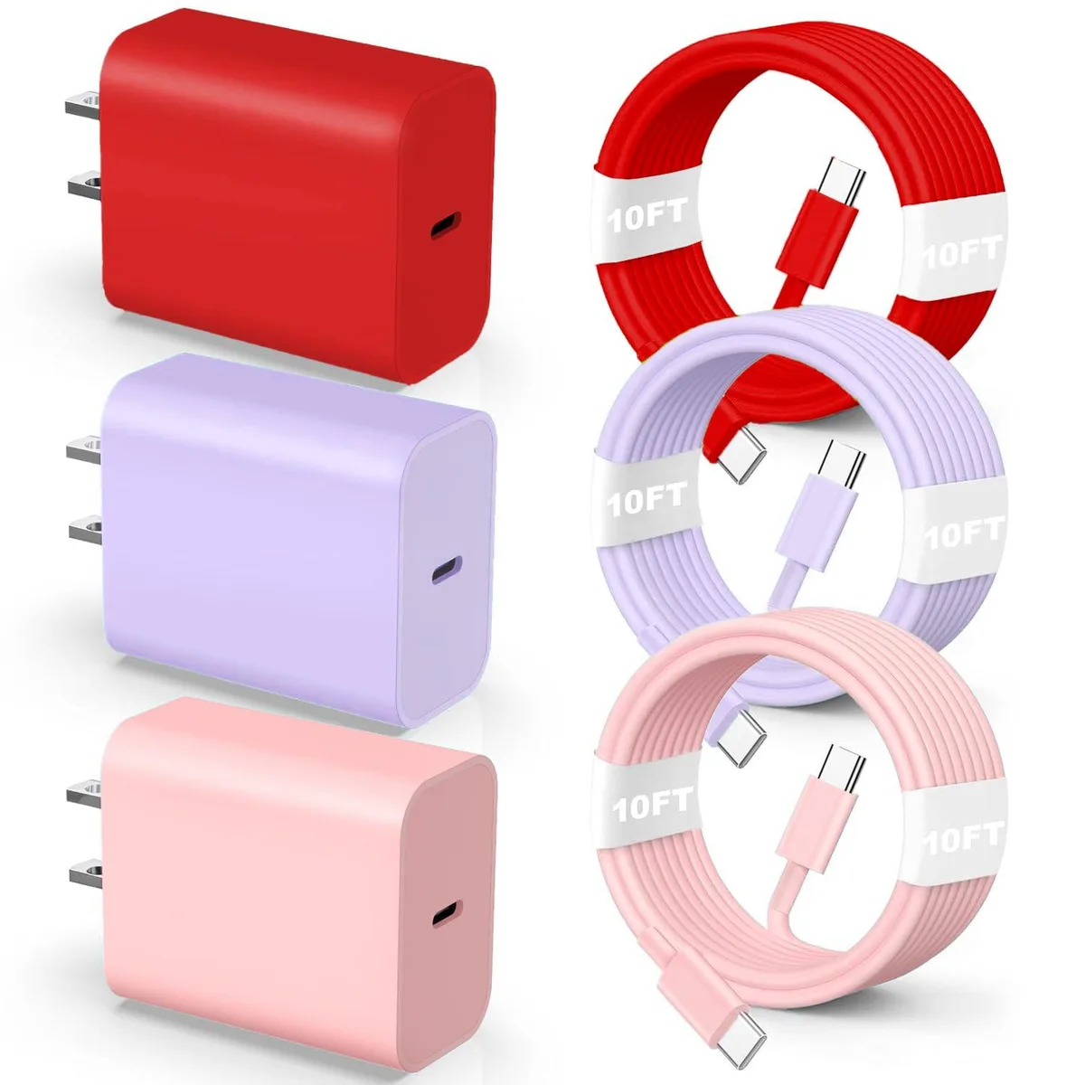 KEHIPI KEHIPI ZYH-J15 USB C to USB C Cable 10Ft 60W RedPurplePink 3Pack — product photo