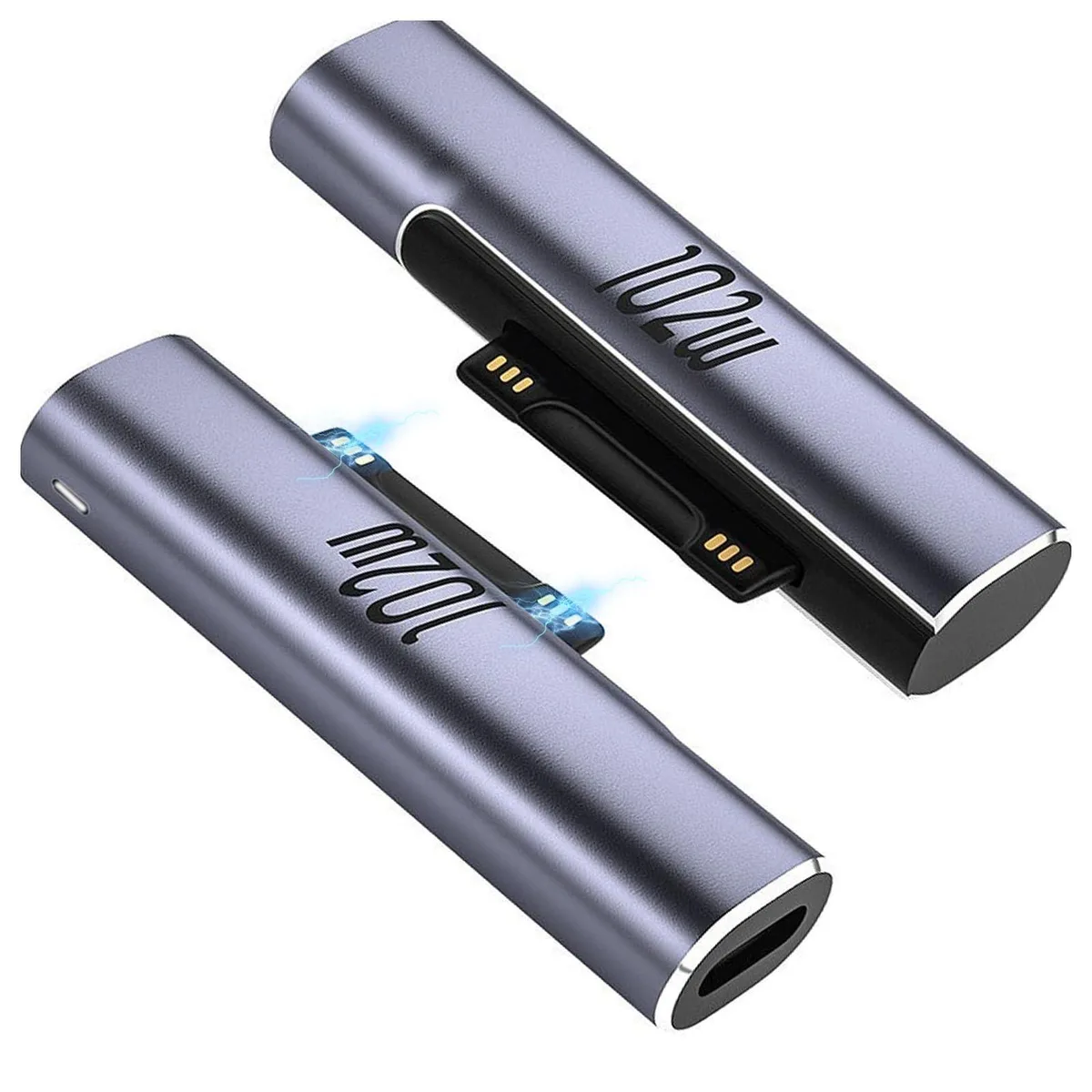 Two black USB-C to Surface magnetic charging adapters side by side