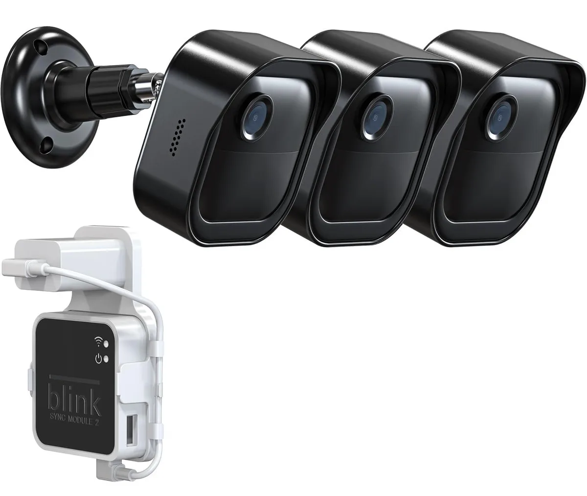 Three black weatherproof camera housings with adjustable wall mounts and a sync module wall bracket