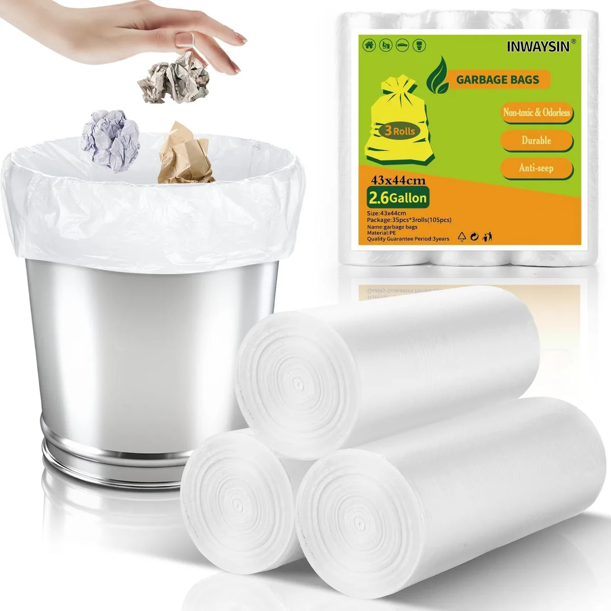 Inwaysin 2.6 Gallon Clear Trash Bags 105 Count 10 Liter — product photo