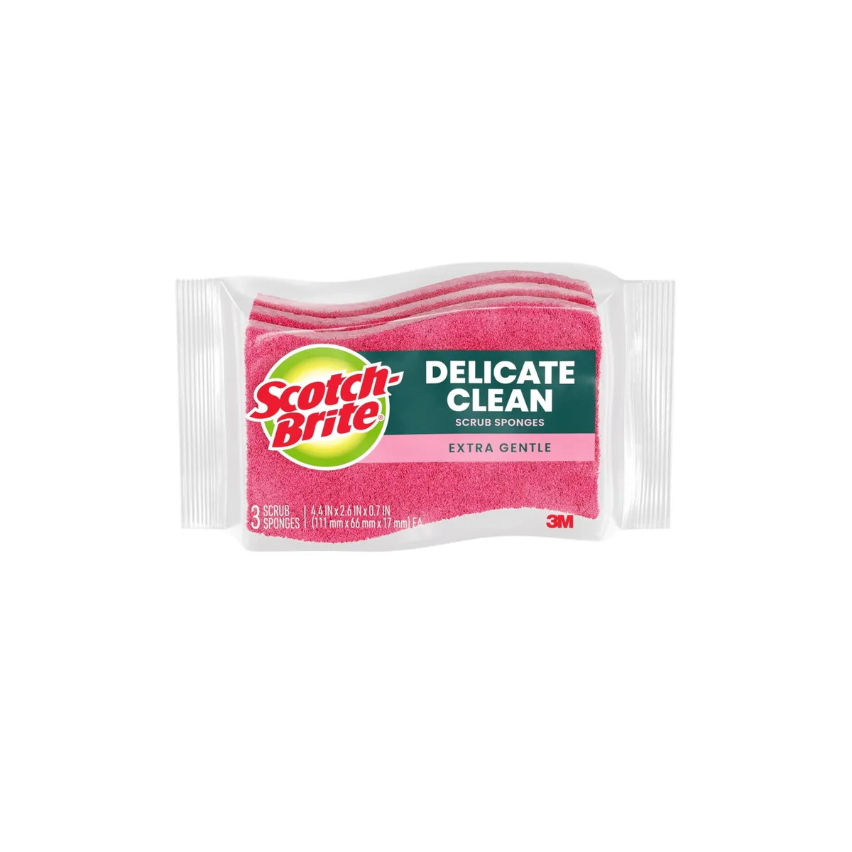 Three pink S-shaped non-scratch scrub sponges in a pack