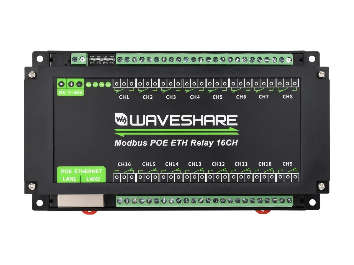 Green circuit board with relay blocks and dual Ethernet ports