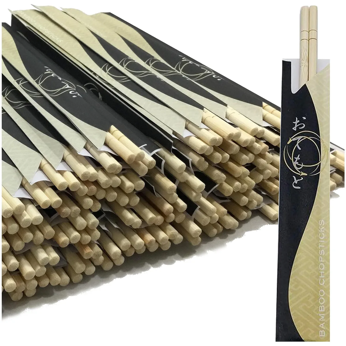 Bundle of 200 natural bamboo chopsticks in individual short paper sleeves, packed in a rectangular box