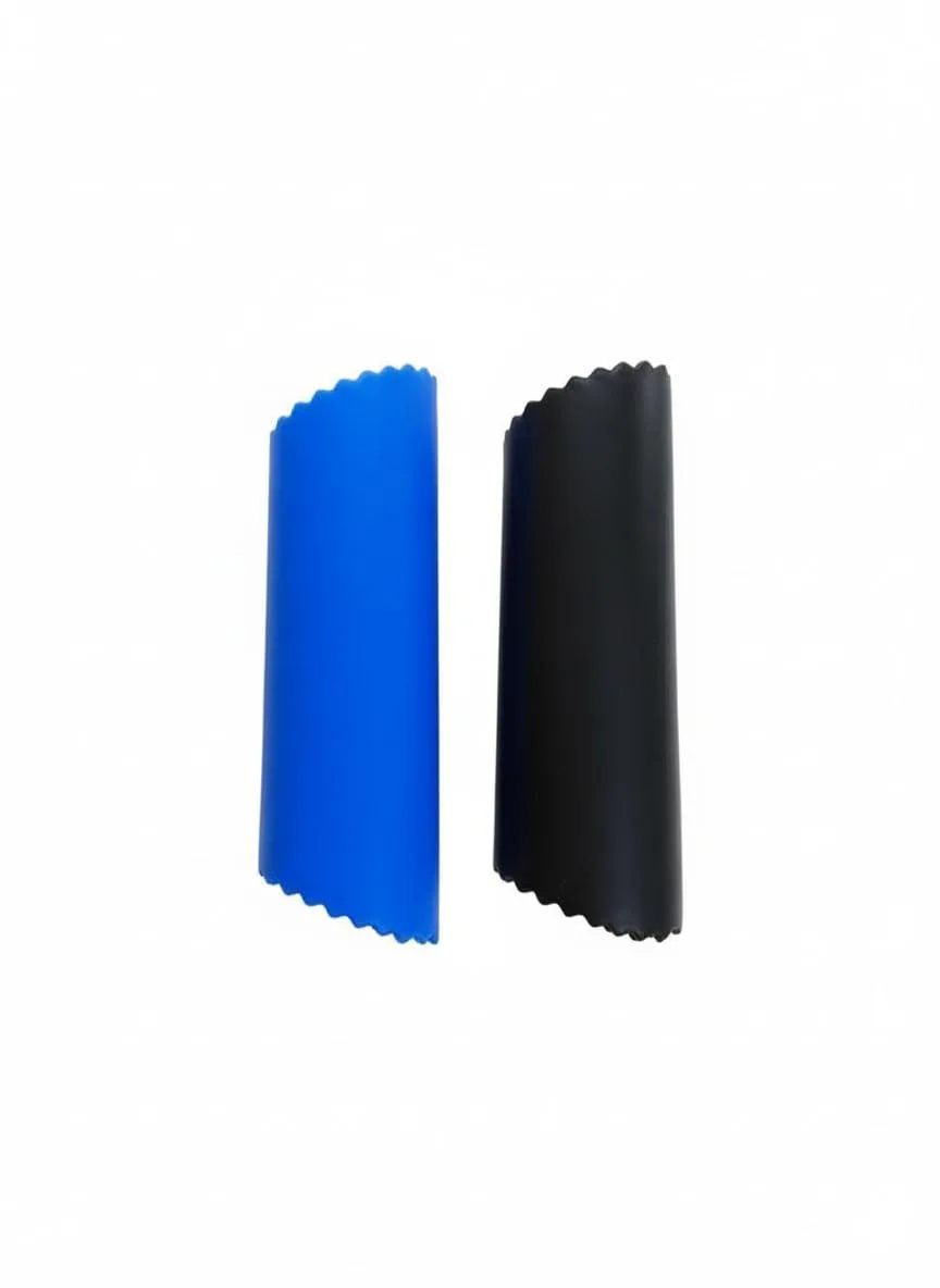 Two silicone garlic peeler tubes, one blue and one black, flexible cylindrical rollers on a plain background