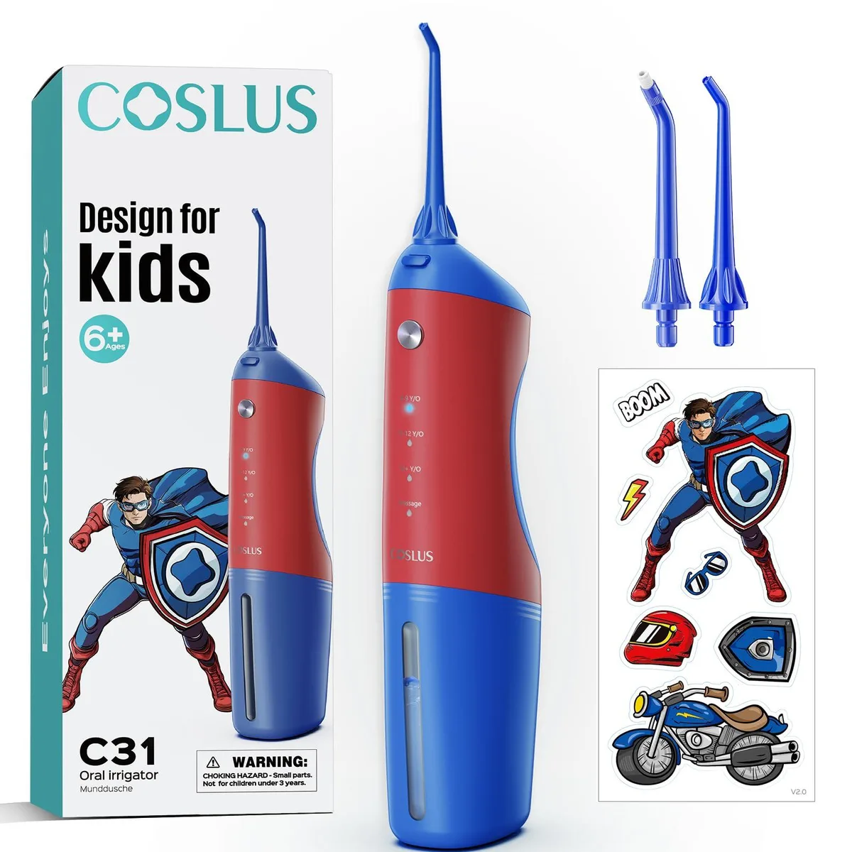 Blue handheld water flosser with 150ml tank and textured grip