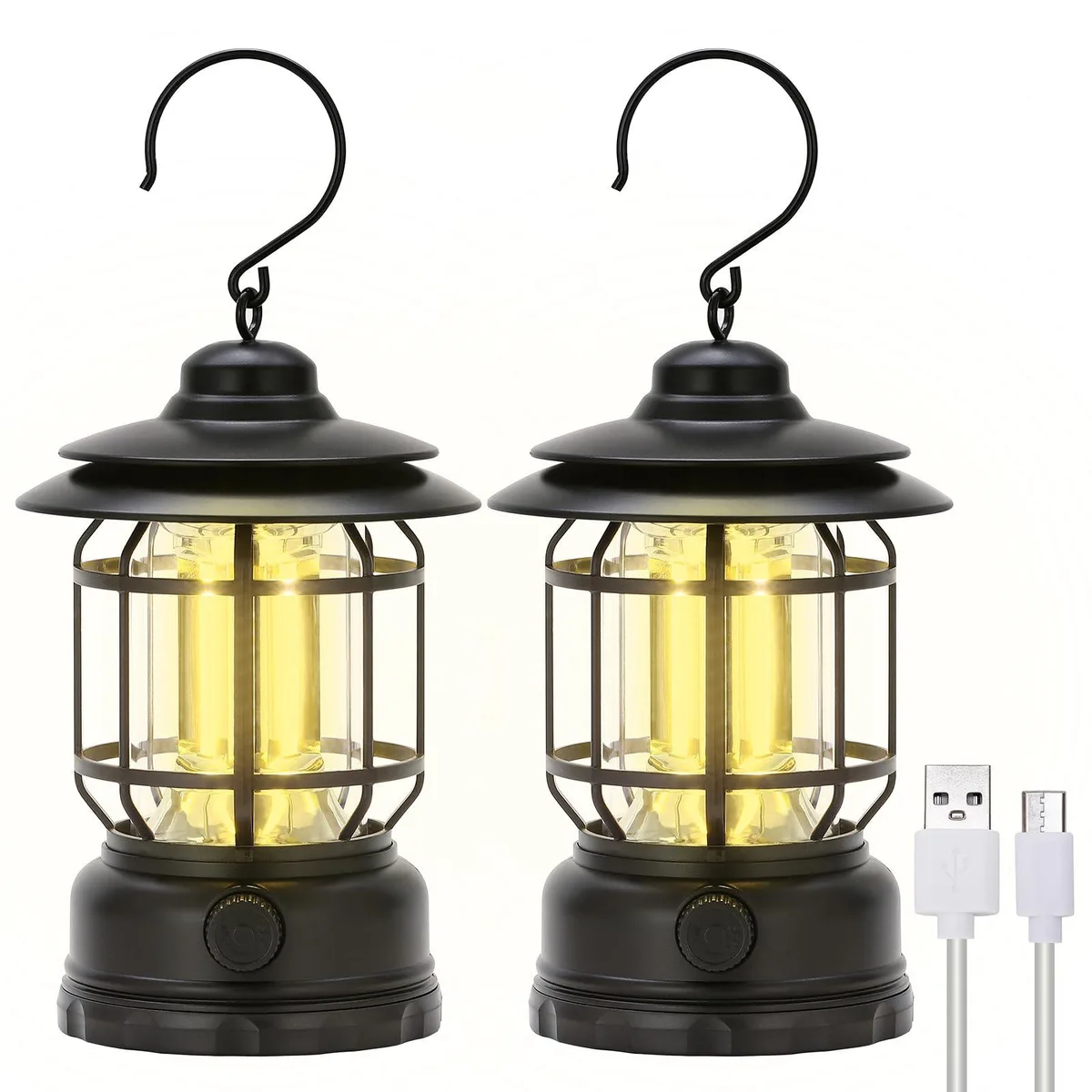 Two black vintage-style tabletop lanterns with ABS shells and 360° COB LED light