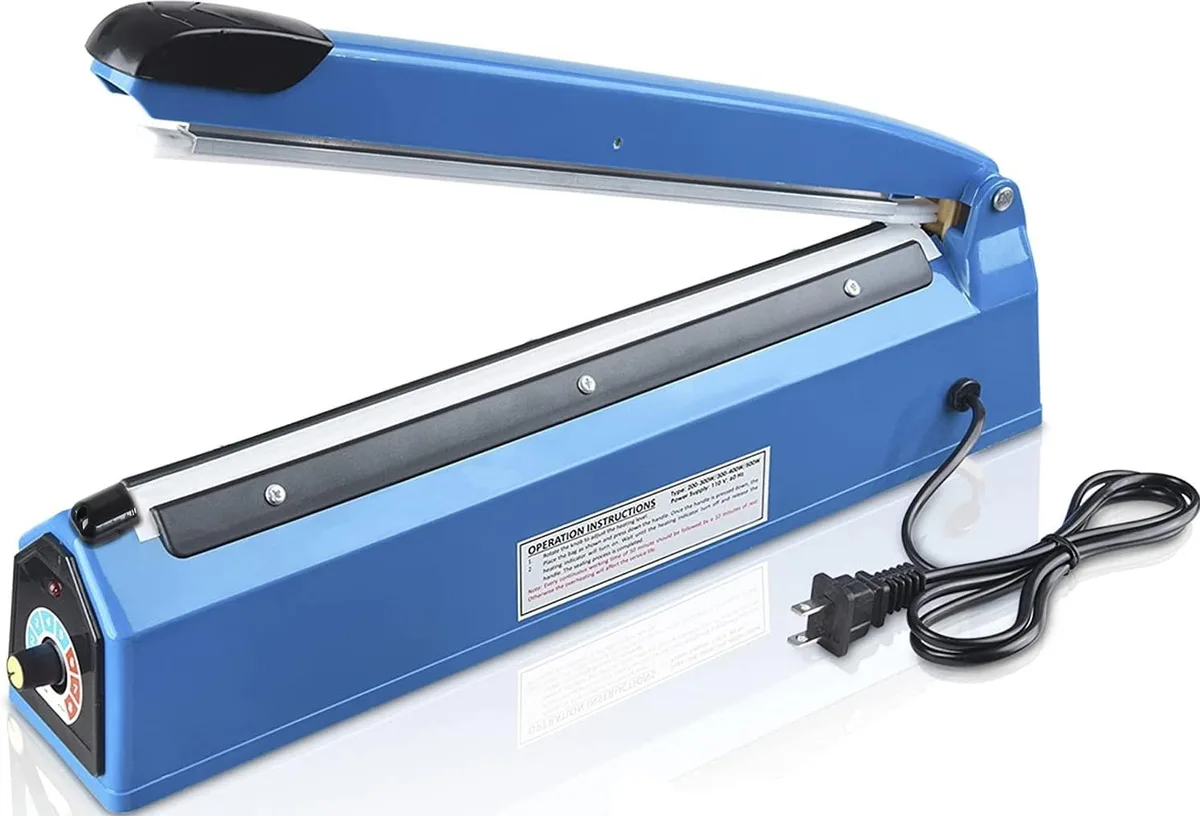 Blue 8 inch impulse heat sealer with temperature knob and red indicator light