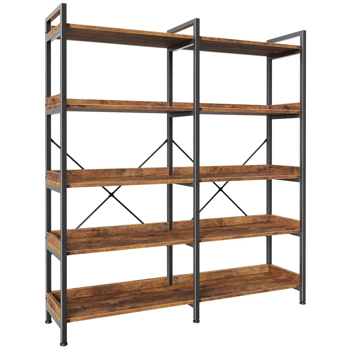 Rustic brown 5-tier bookshelf with 10 open shelves, metal frame, raised baffles, adjustable feet