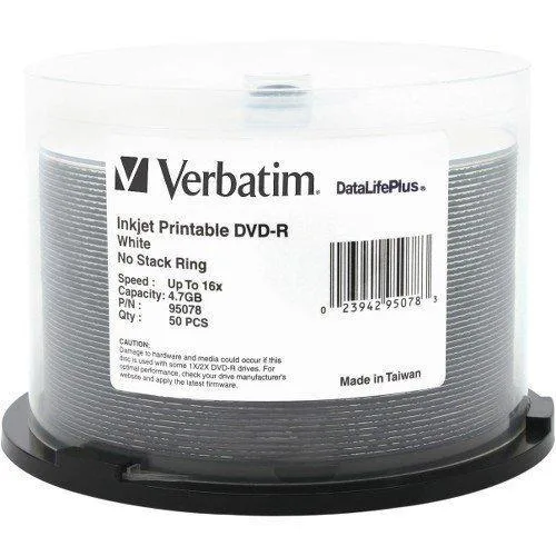 A stack of 50 white DVD-R discs in a spindle case