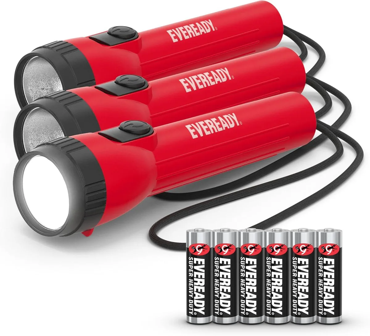 Three new Eveready LED flashlights with wrist straps and AA batteries included