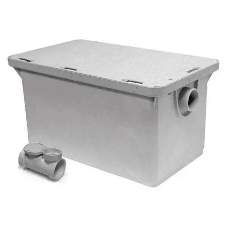 Gray plastic grease interceptor rectangular tank 31 by 19 by 16 inches 2 inch gasket connections 25 gpm 50 lb capacity