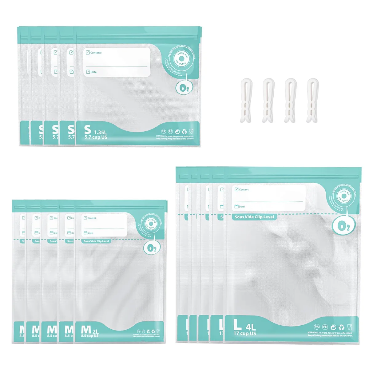 Clear rectangular vacuum-seal bags in three sizes with green patch valves and four sealing clips
