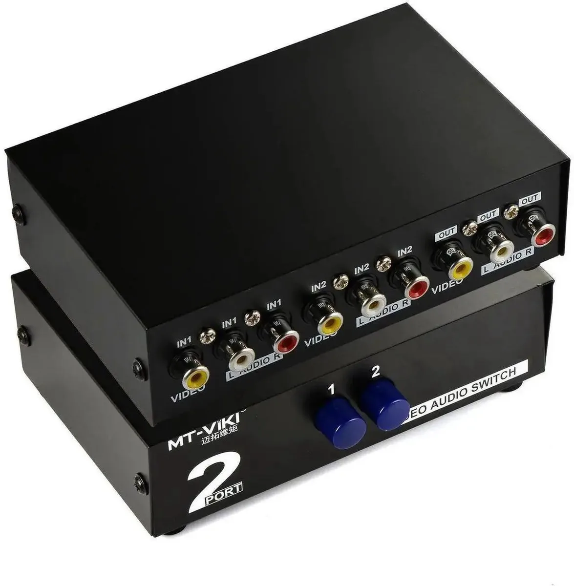 Compact black plastic box with RCA ports and a selector button