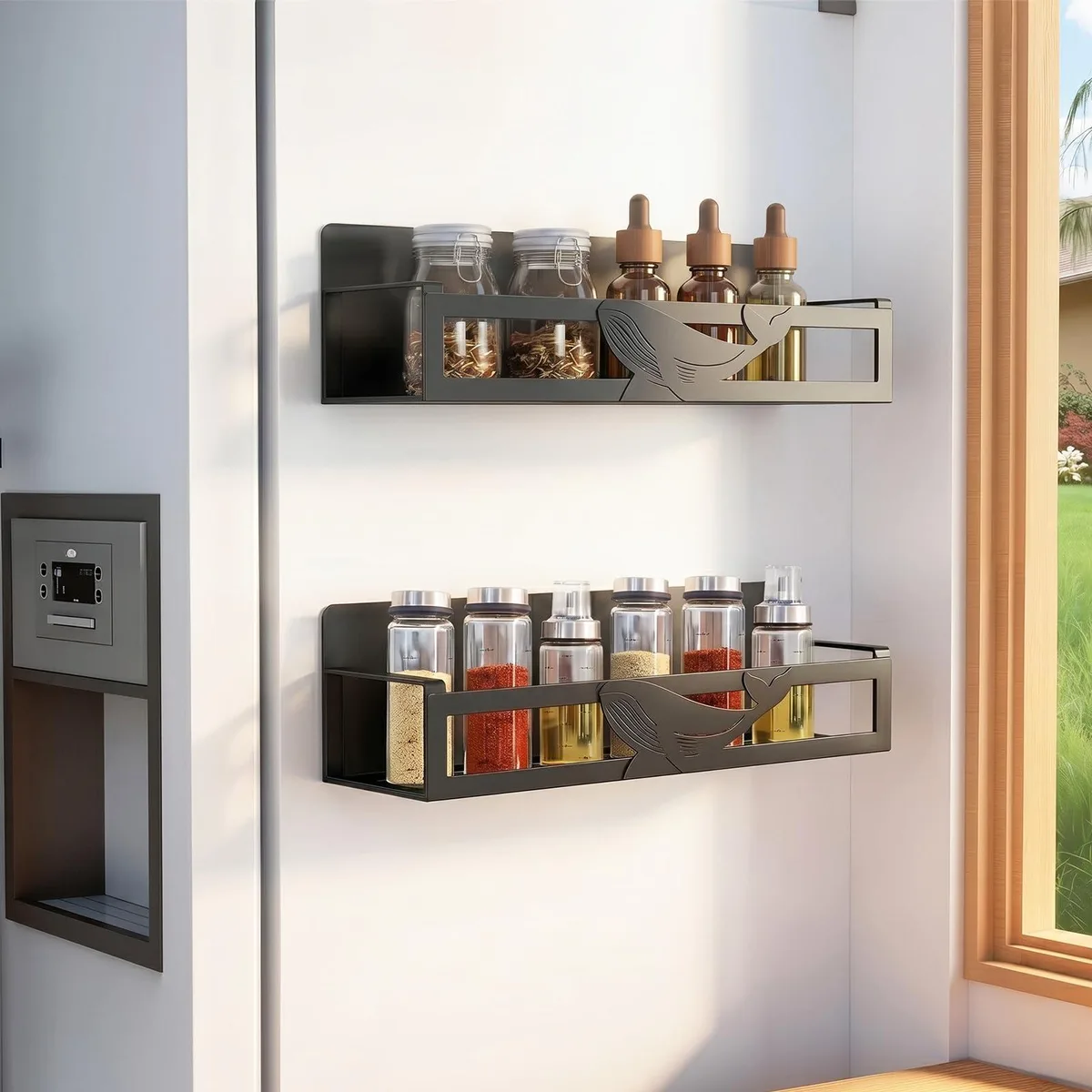 Two red magnetic spice racks with rounded edges and perforated shelves, mounted side by side on a metal surface