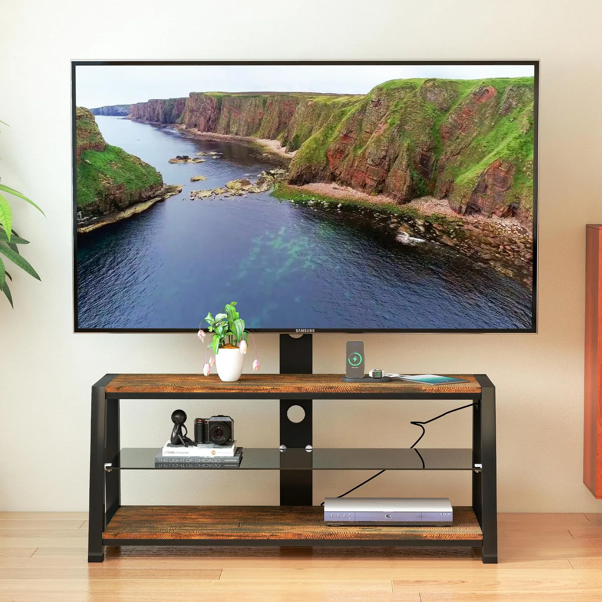 tuphen tuphen TV Stand 32-65" VESA 600x400 Swivel Charging Rustic Brown — product photo