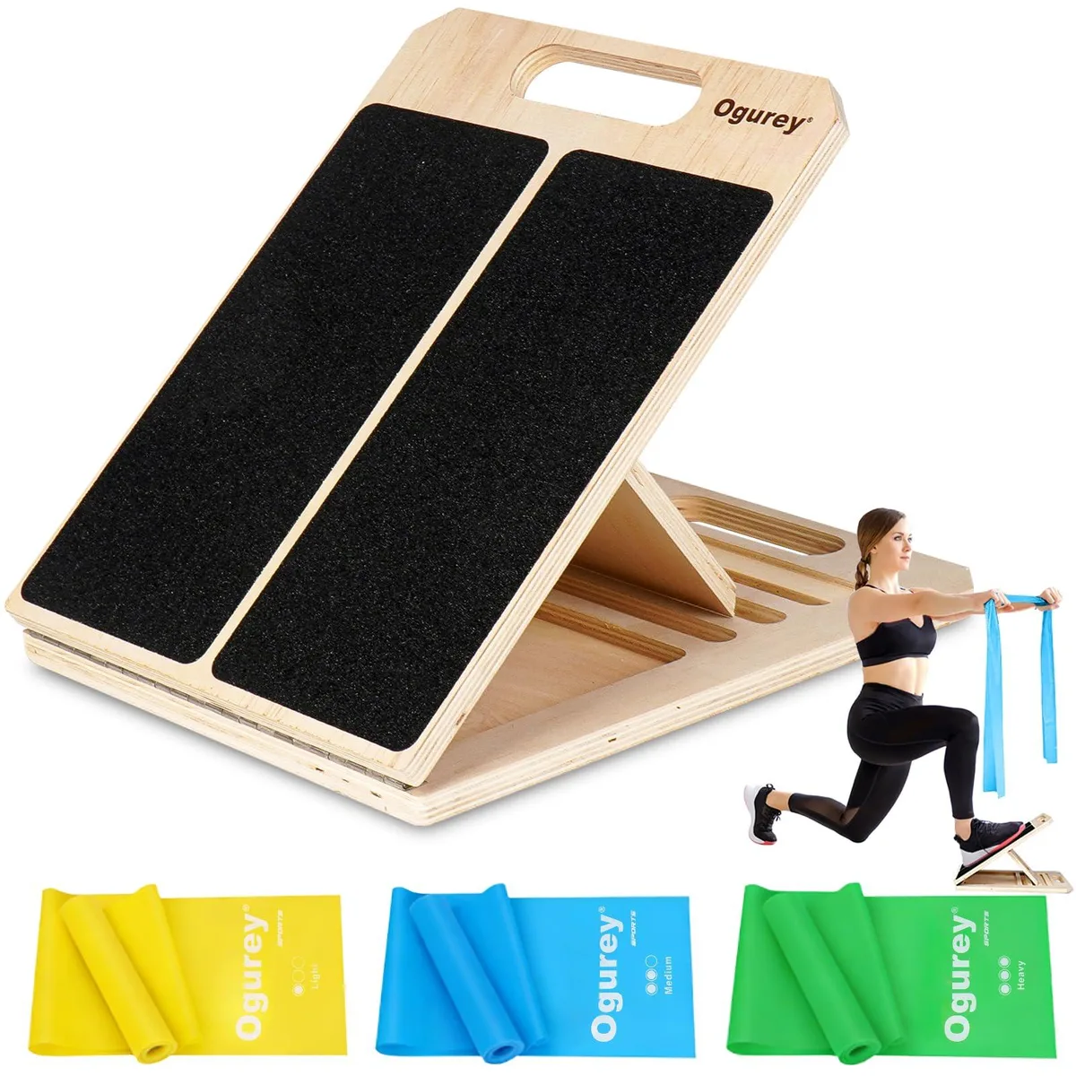 Black wooden slant board with two non-slip footrests and three resistance bands