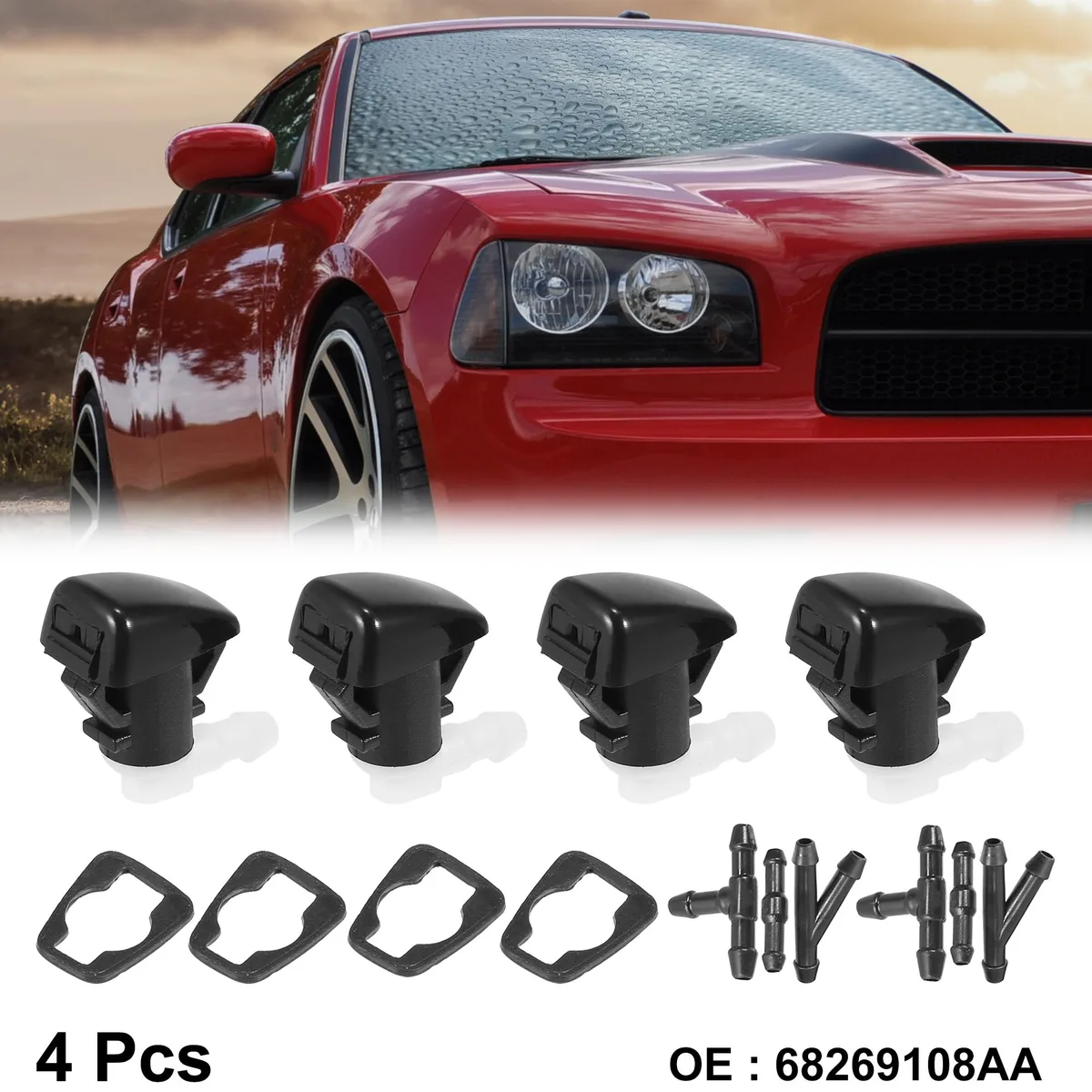 Four black plastic windshield washer nozzles with hose connectors and rubber gaskets