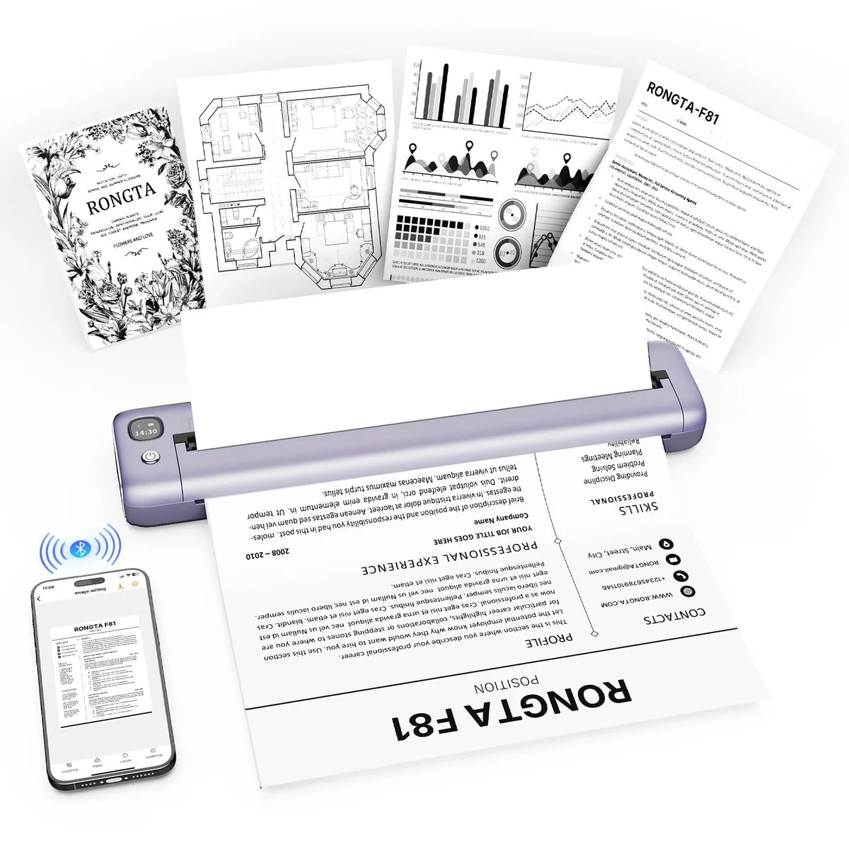 Purple compact thermal receipt printer with rounded edges