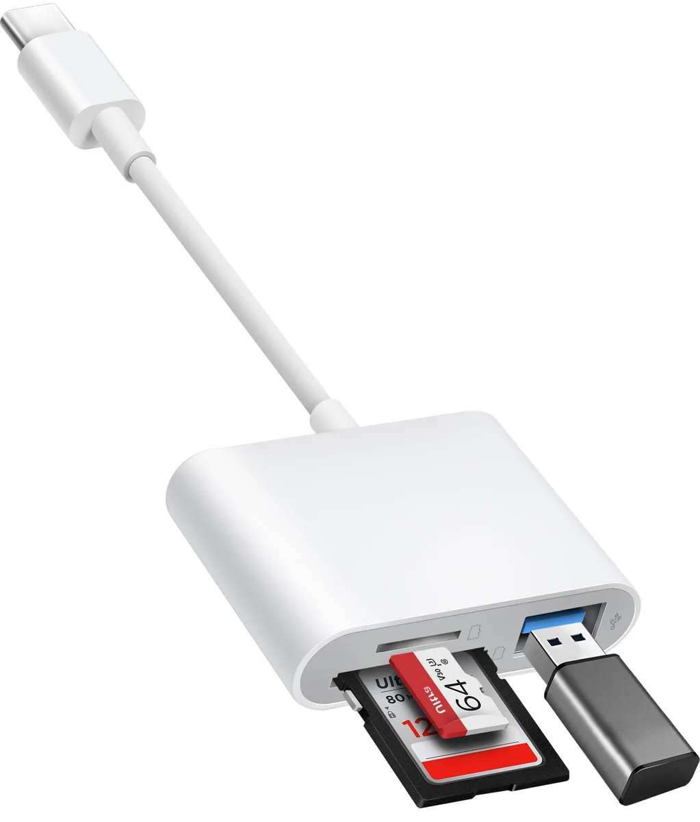 Compact black USB-C card reader with SD, microSD and USB-A ports