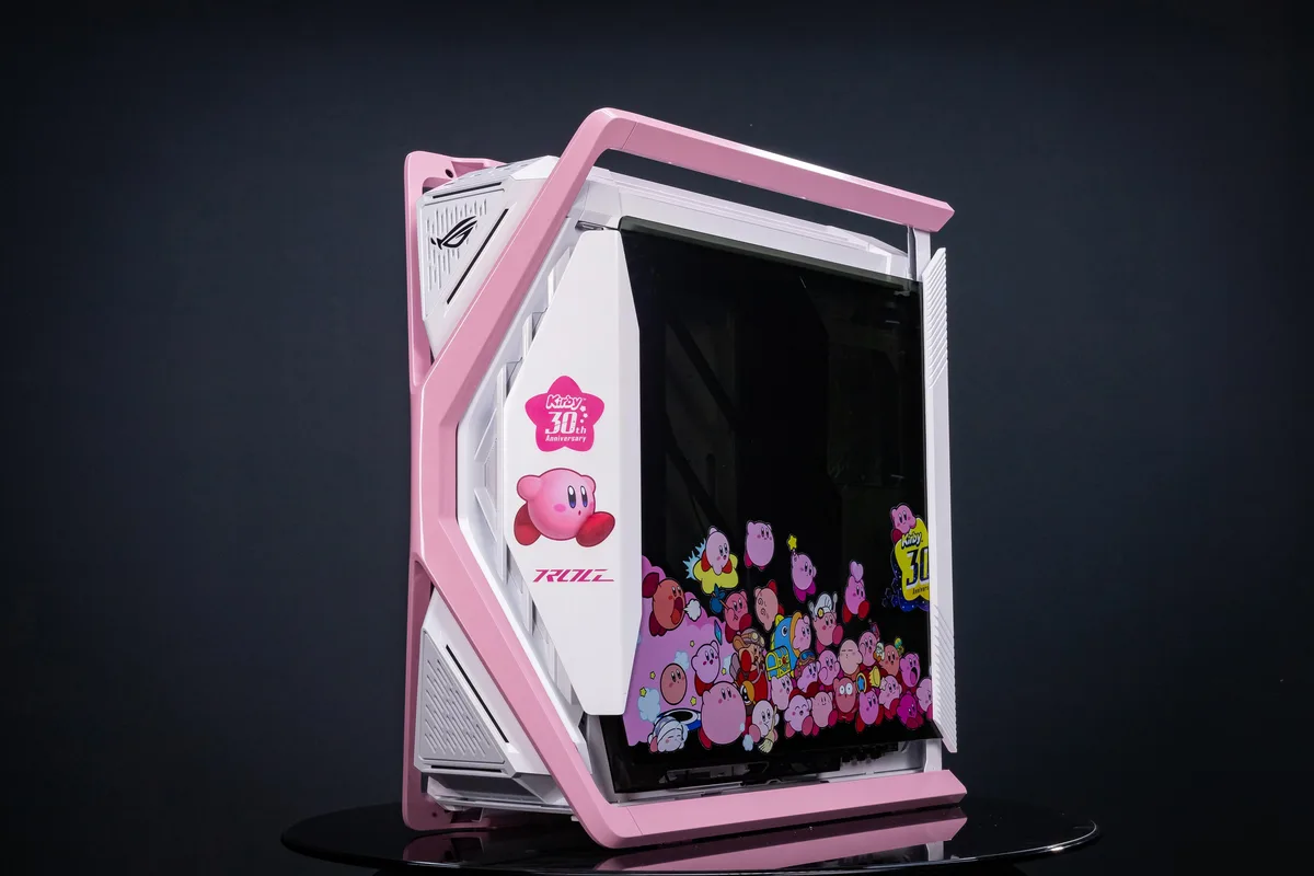 Full-tower E-ATX case in Kirby-Pink with dual tempered glass panels, four 140 mm fans and metal GPU holder