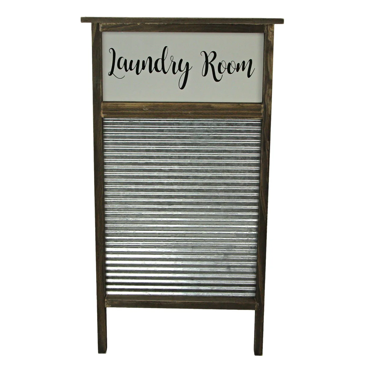 Vintage-style washboard wall sign, 24 inches high, galvanized metal ribs in wood frame, grey finish, "Laundry Room" script