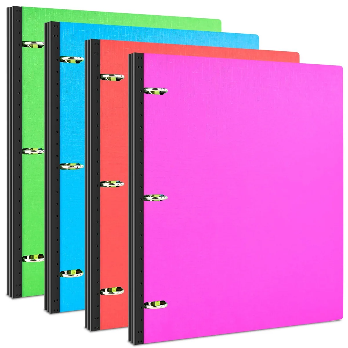 Set of four plastic binders in red, pink, blue, green with telescoping spines
