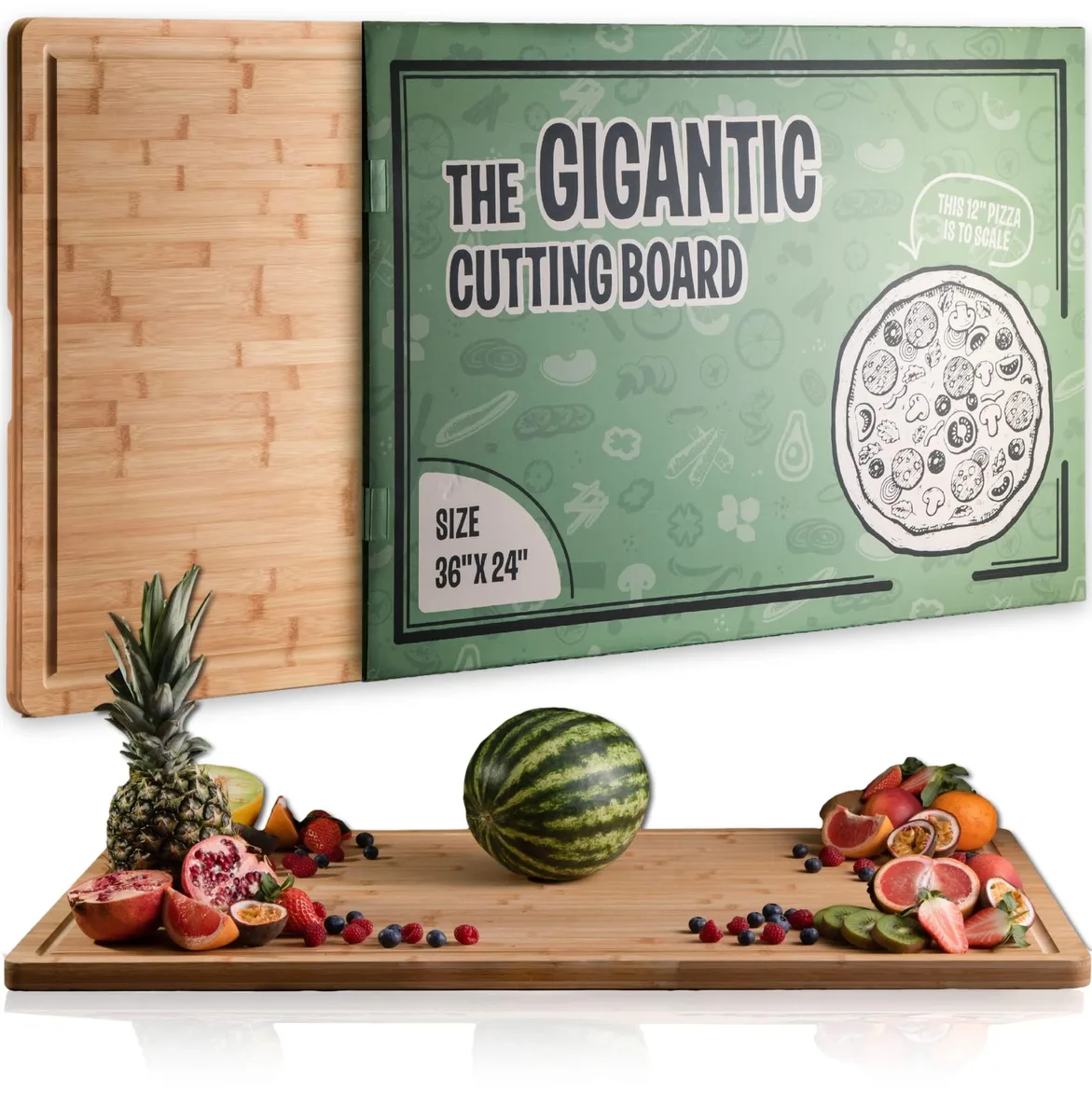 Extra-large rectangular bamboo cutting board, light natural finish, juice grooves, 36 by 24 inches