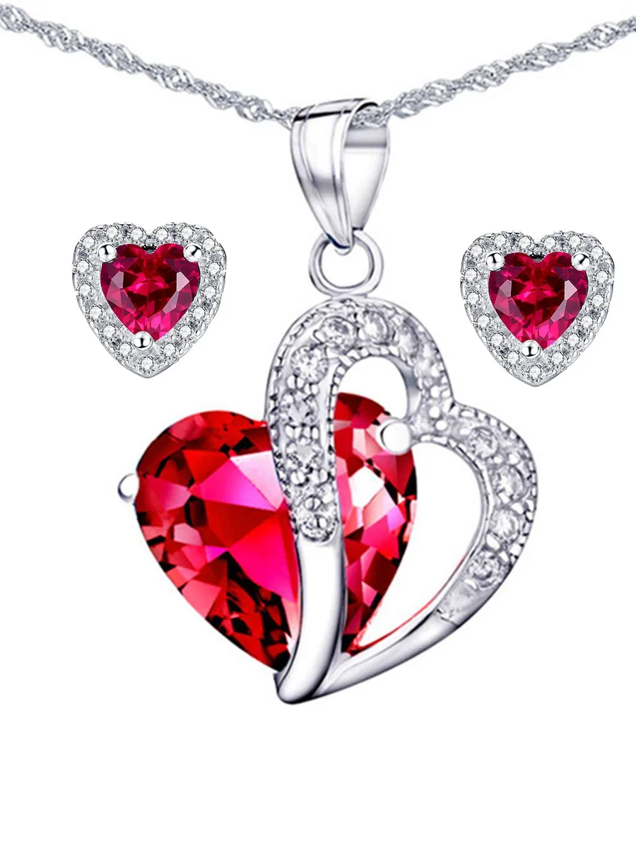 Mabella Fashion Mabella Fashion Double Heart Simulated Ruby Necklace Earrings Set 18 in 925 Silver — product photo
