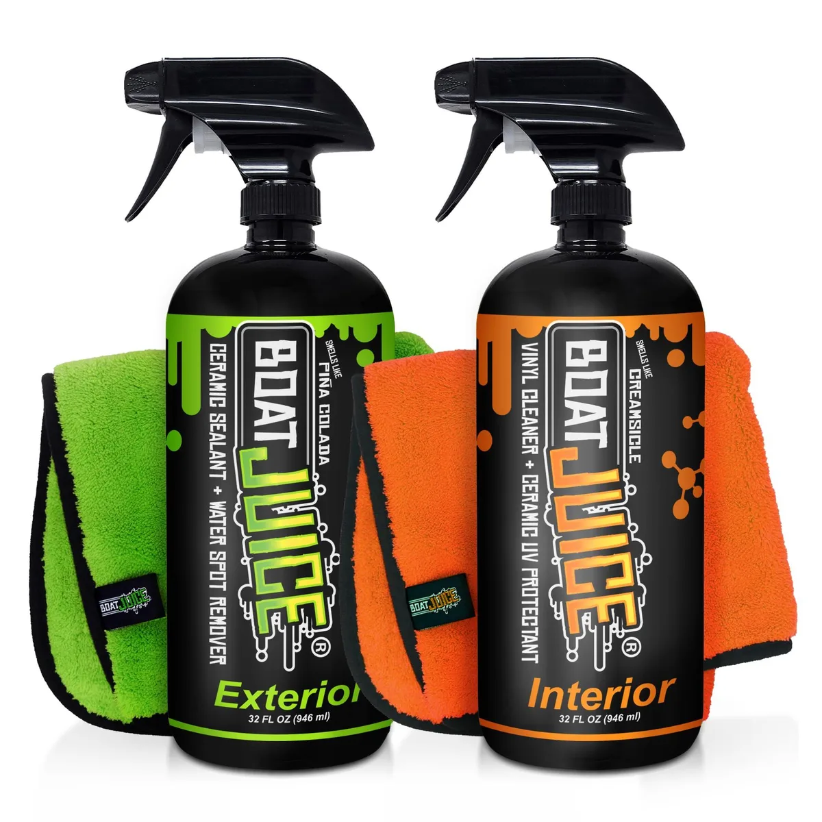 Boat Juice cleaner kit with two 32oz spray bottles and two microfiber towels