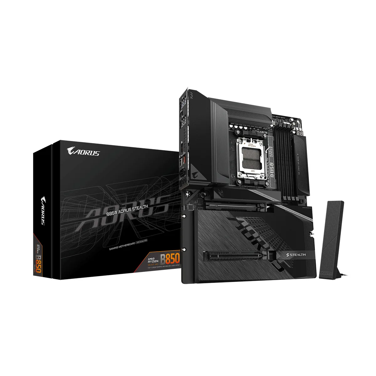 GIGABYTE GIGABYTE B850 AORUS STEALTH AMD motherboard, AM5, DDR5, four M.2, PCIe 5.0, USB-C, WIFI7 — product photo