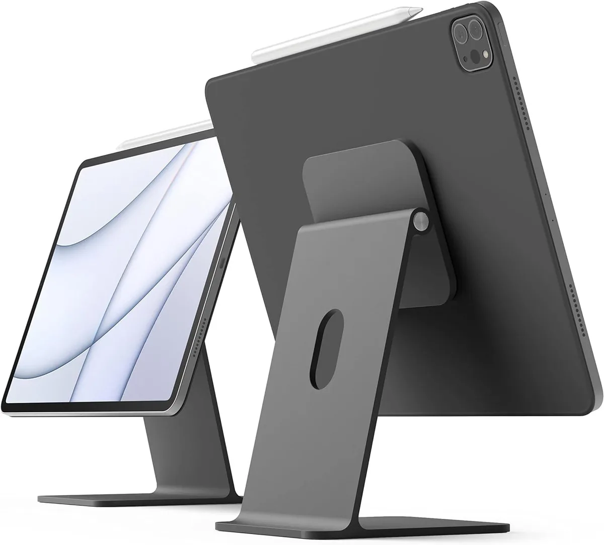 Dark grey aluminum tablet stand with magnetic holder and adjustable angle