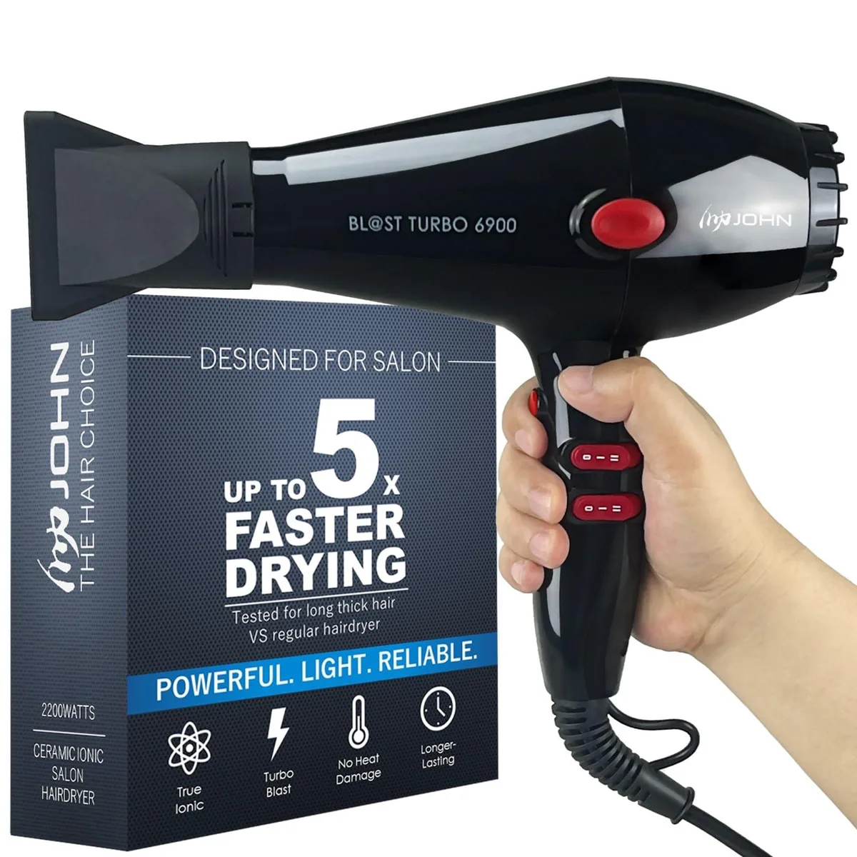 Black handheld hair dryer with concentrator nozzles, matte finish, 8.8 inches long