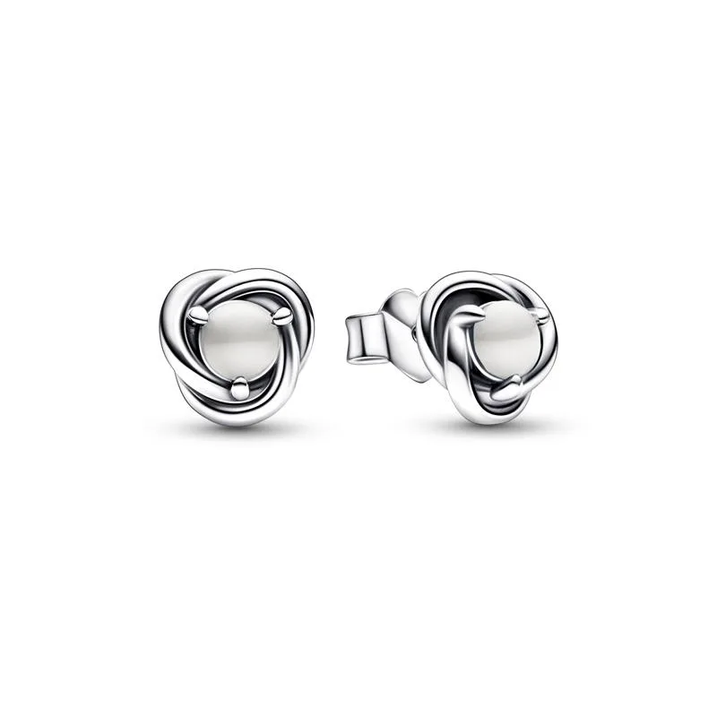 Pair of sterling silver stud earrings shaped as infinity braids with white cabochon centres