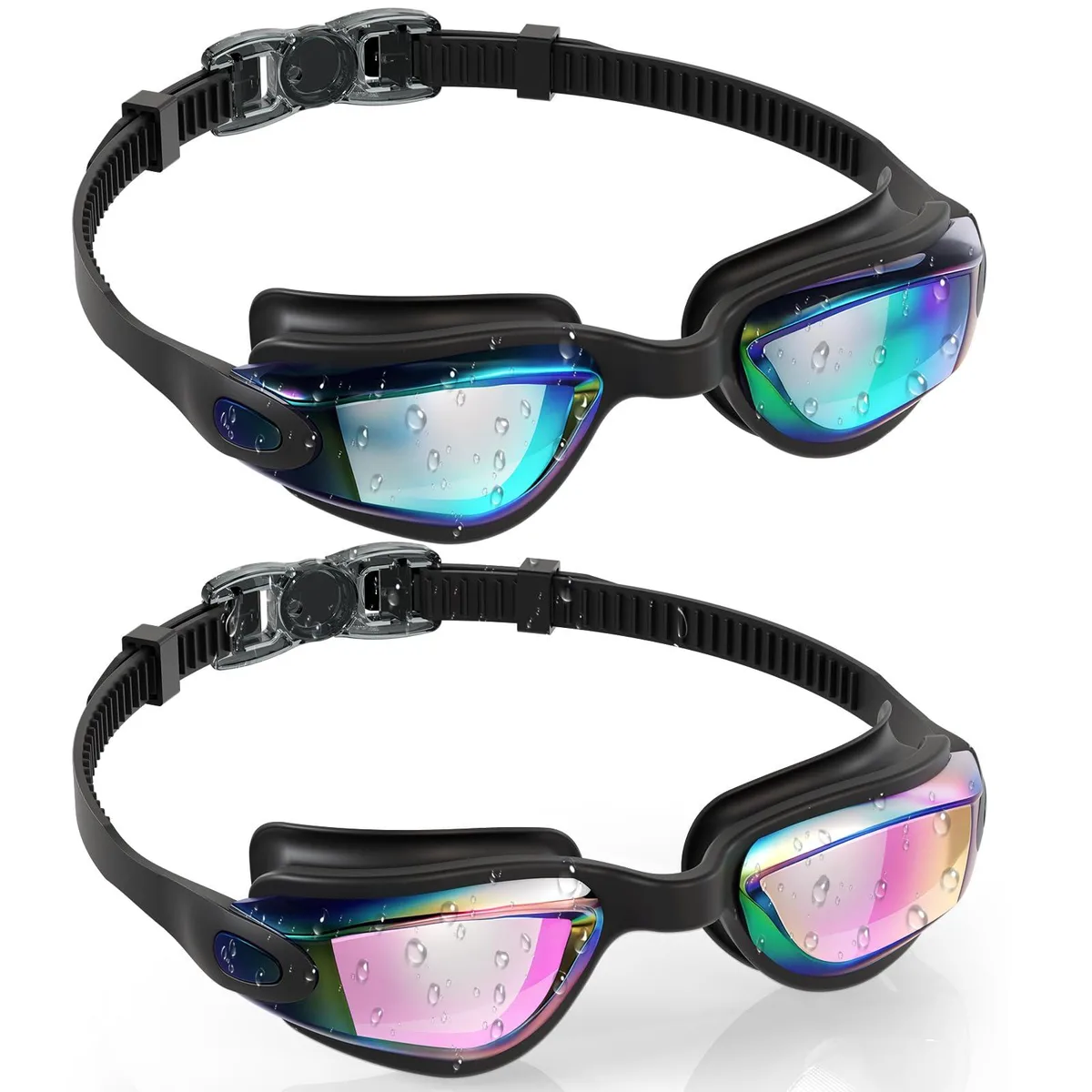 Two pairs of aqua and pink silicone swim goggles with cases and accessories