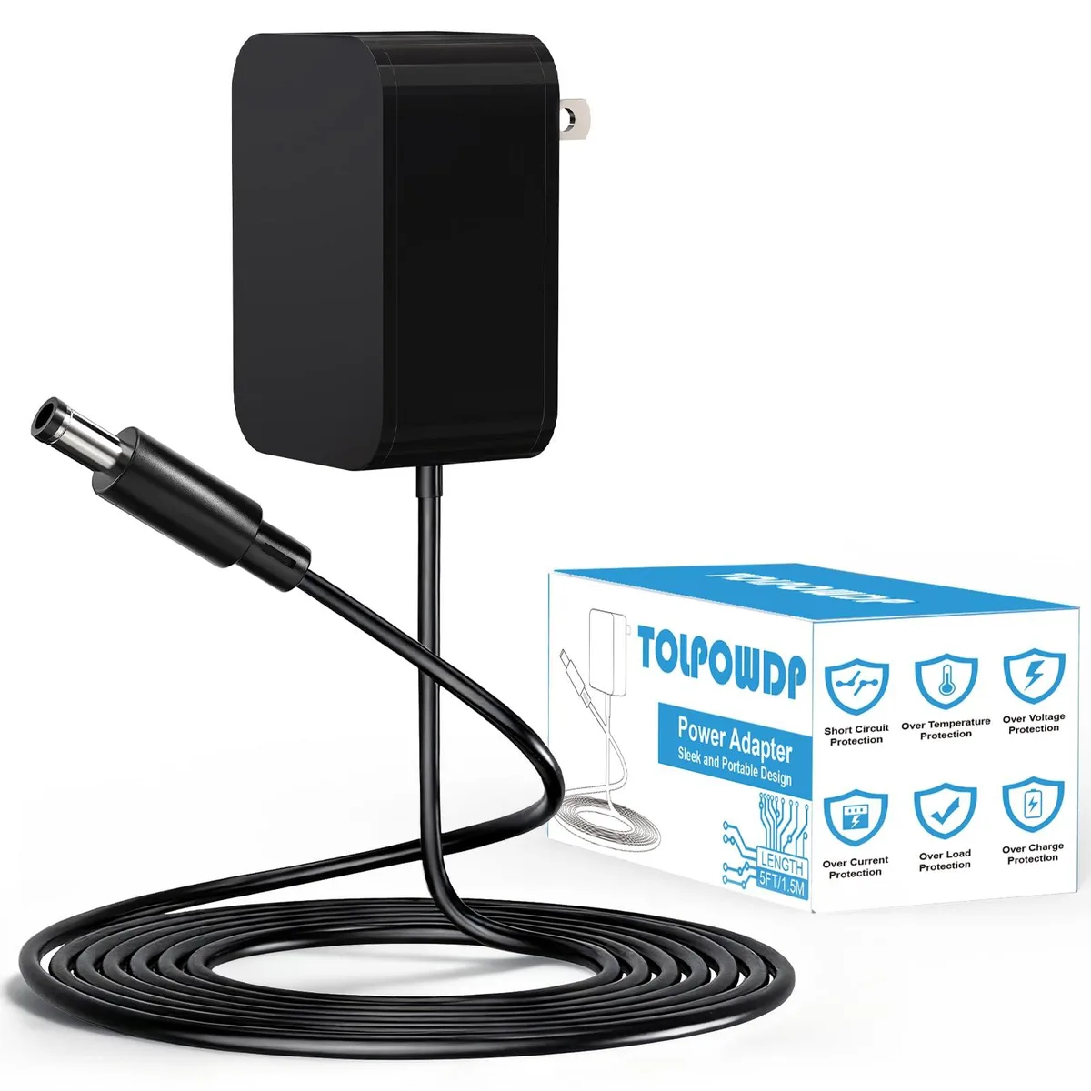 Compact black wall adapter with US plug and barrel output cable