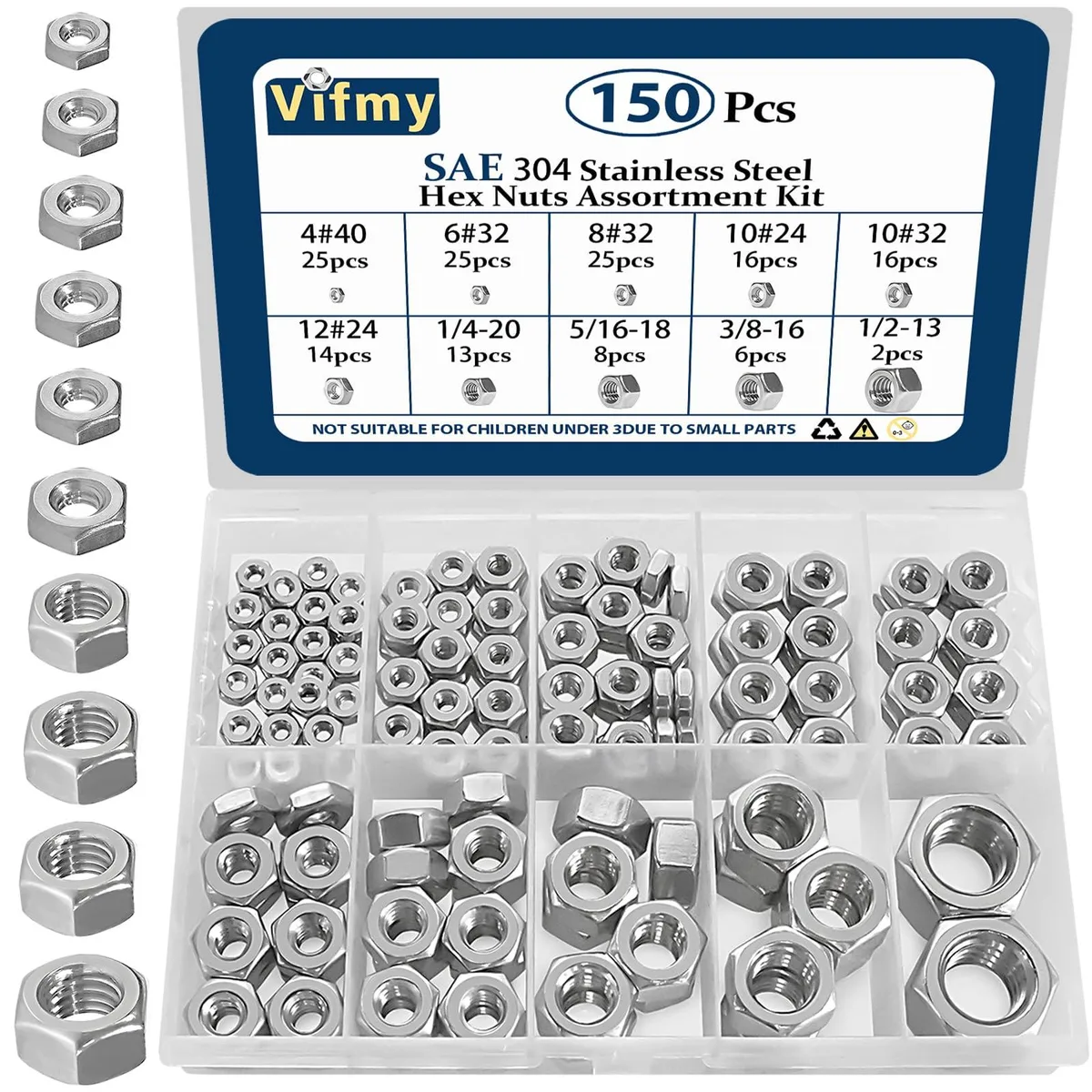  Vifmy 150 Pcs SAE Hex Nut Assortment Kit 304 Stainless Steel — product photo