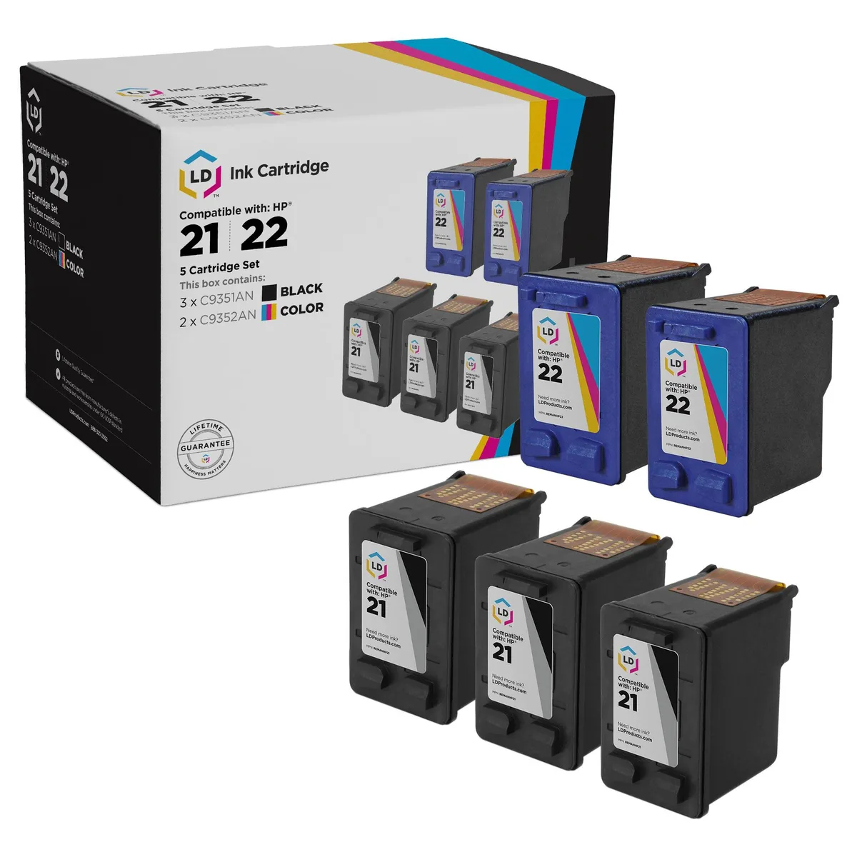 LD Products LD Products HP 21 &amp; 22 Ink Cartridge 5-Pack 3 Black 2 Color — product photo