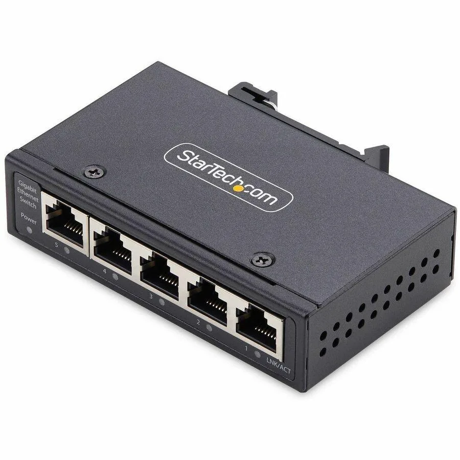 Compact grey metal box with five RJ45 ports and DIN rail clip
