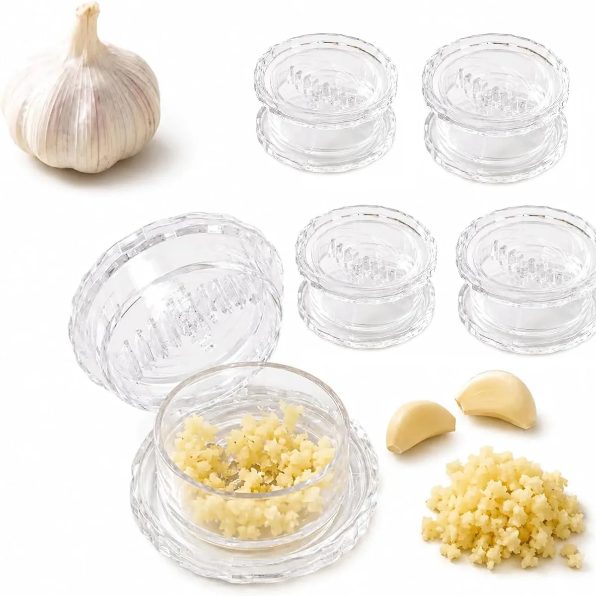 Four transparent plastic garlic twister mincers with twist handles