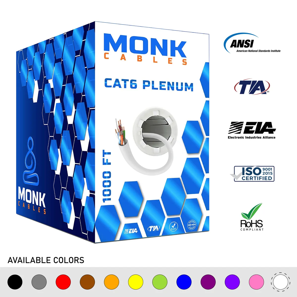Monk Cables Monk Cables CAT6 Plenum 1000ft 23AWG 550MHz UTP White network ethernet cable — product photo